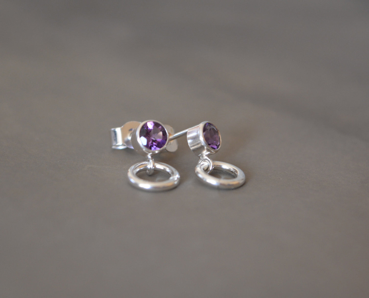 Amethyst sterling silver stud earrings. February Birthstone. Circle studs.