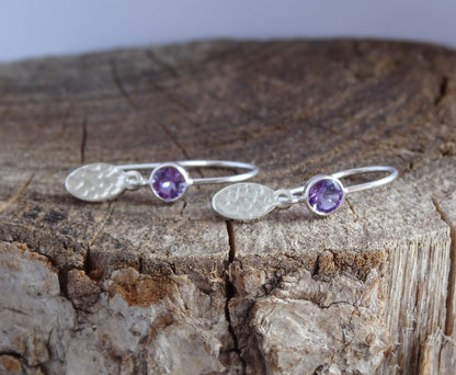 Amethyst February birthstone sterling silver earrings, hammered dangle ovals.