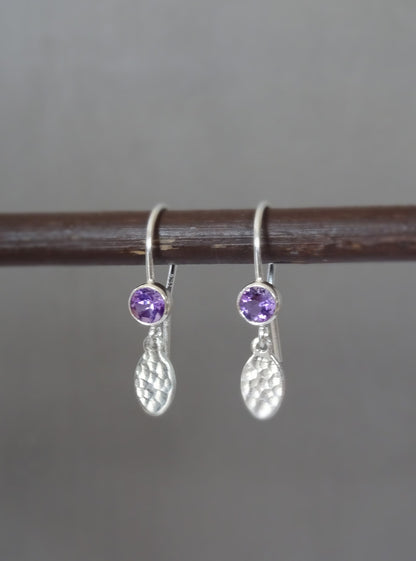 Amethyst February birthstone sterling silver earrings, hammered dangle ovals.