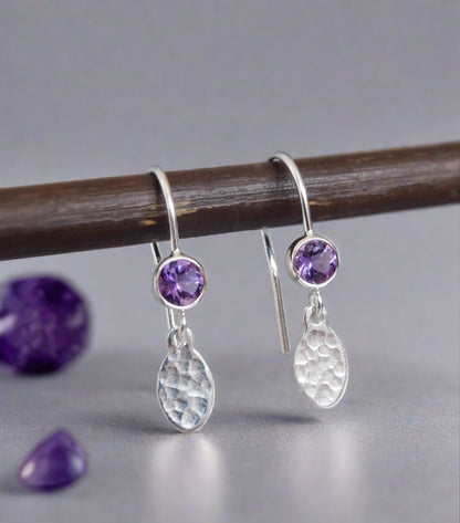 Amethyst February birthstone sterling silver earrings, hammered dangle ovals.
