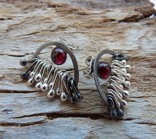 Garnet sterling silver dangle stud earrings. Made to order.