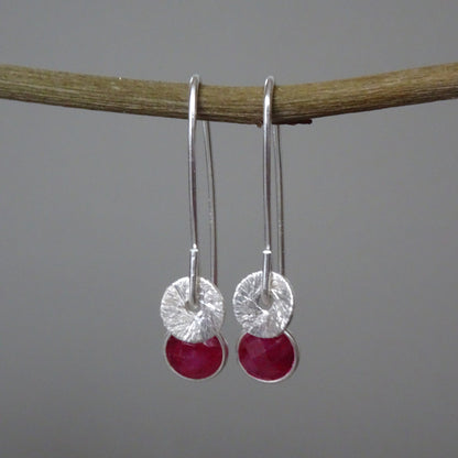 Ruby sterling silver dangle earrings. July birthstone earrings.