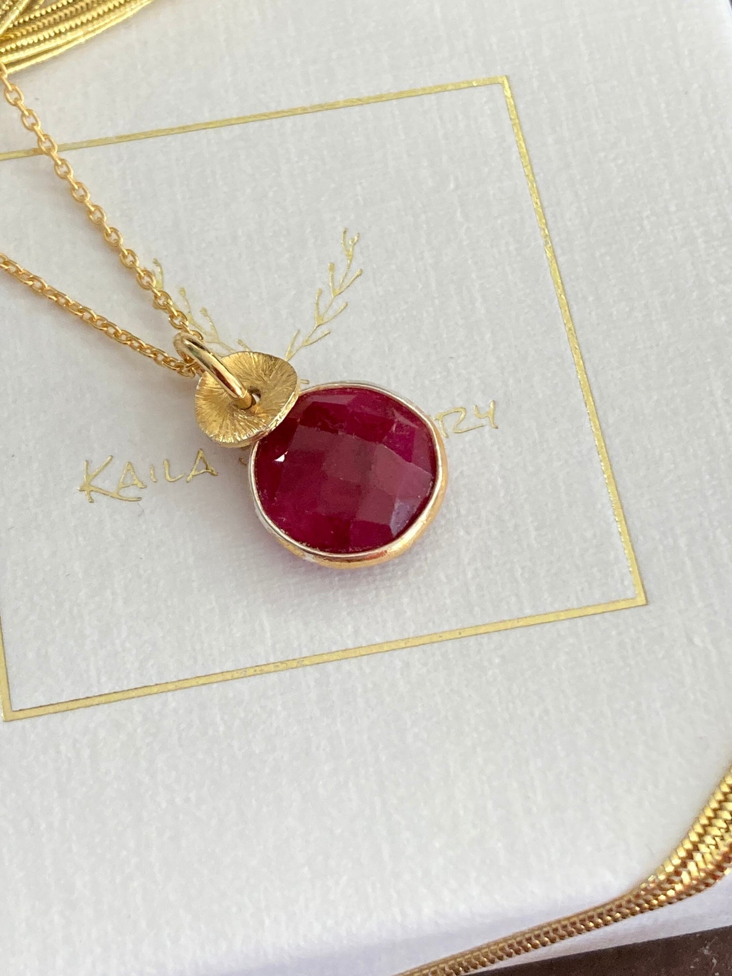 24k gold vermeil Ruby necklace pendant. July Birthstone necklace.
