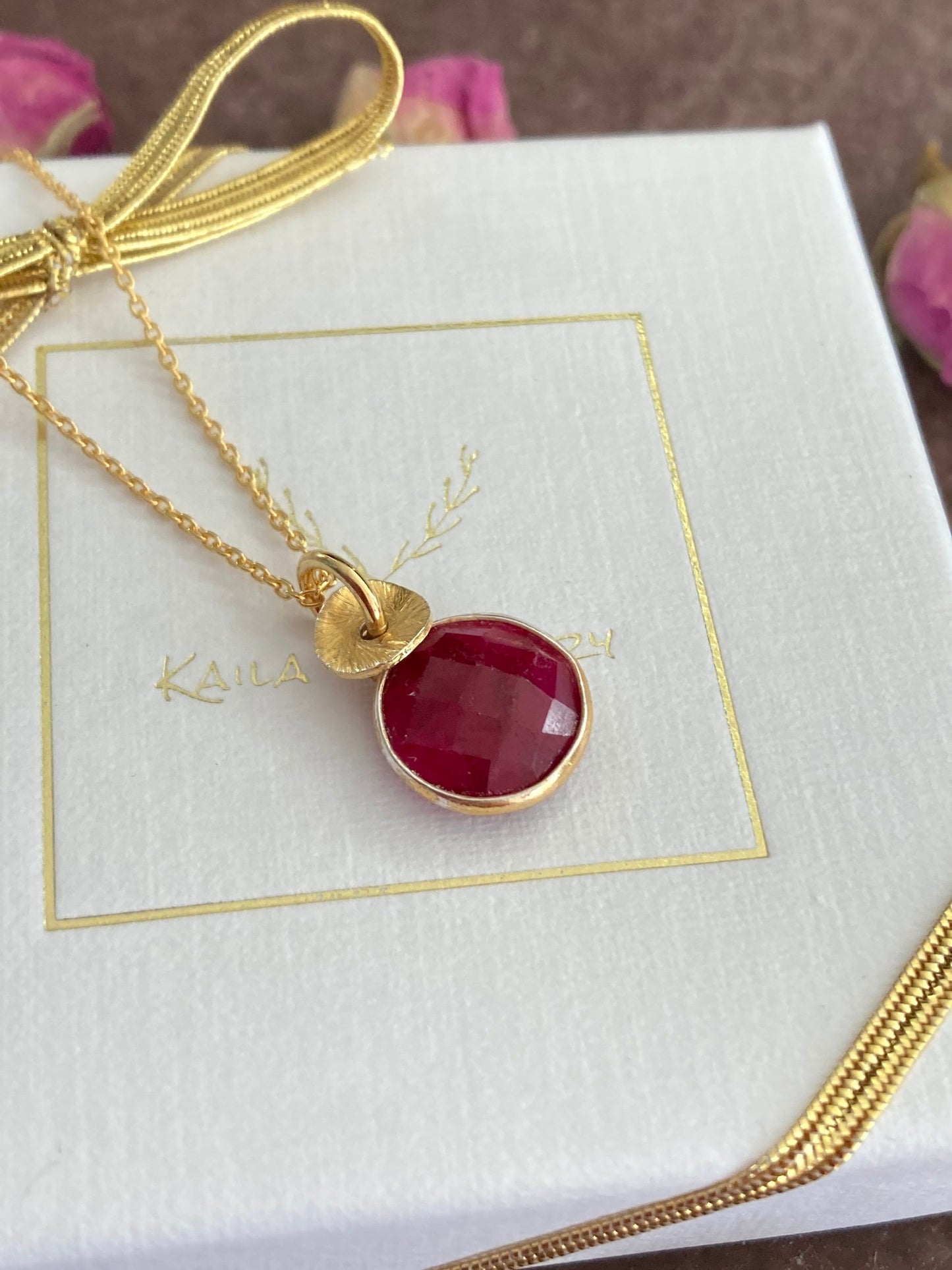 24k gold vermeil Ruby necklace pendant. July Birthstone necklace.