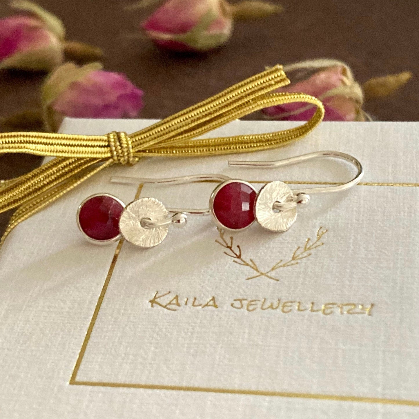Sterling silver dangle ruby earrings. July birthstone earrings.