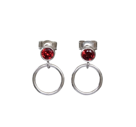 sterling silver garnet  and circle stud earrings