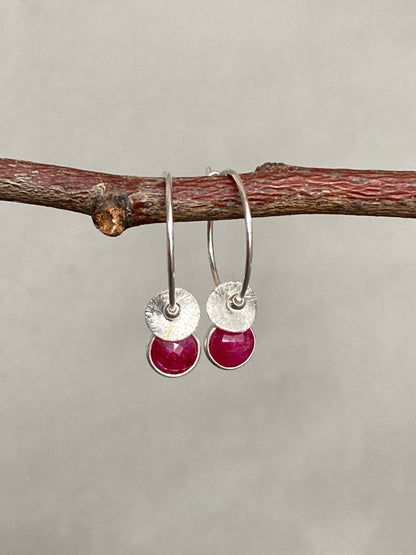 Ruby sterling silver hoop earrings. July birthstone earrings