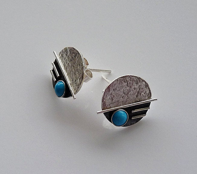 Turquoise sterling silver oxidised textured disc earrings.