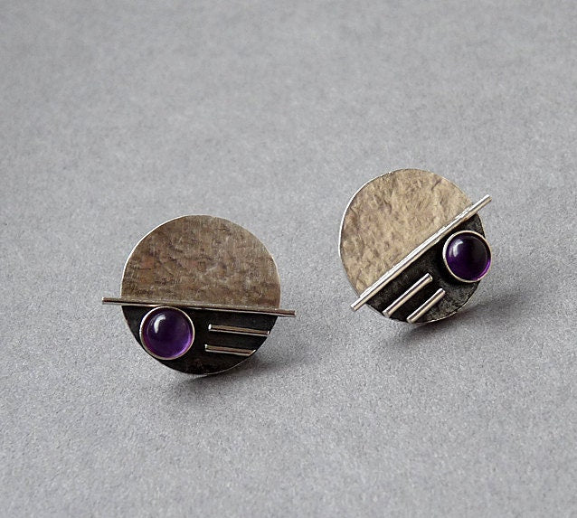 Amethyst sterling silver disc stud earrings.