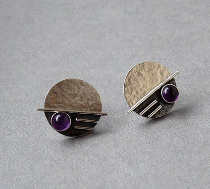 Amethyst sterling silver disc stud earrings.