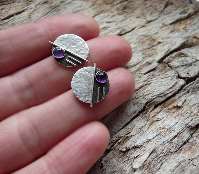 Amethyst sterling silver disc stud earrings.