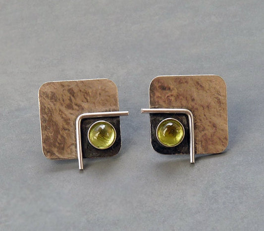 Peridot August birthstone, square sterling silver oxidised stud earrings. Made to order.