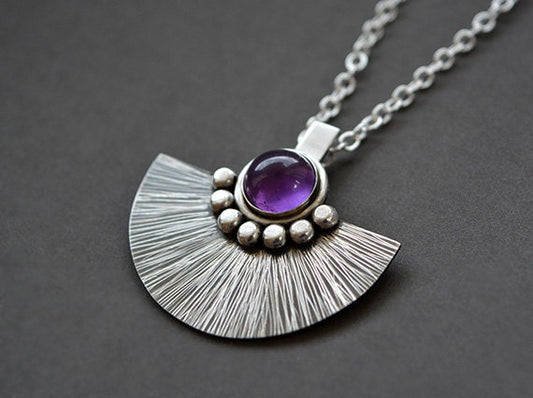 Artisan Amethyst sterling silver fan necklace.