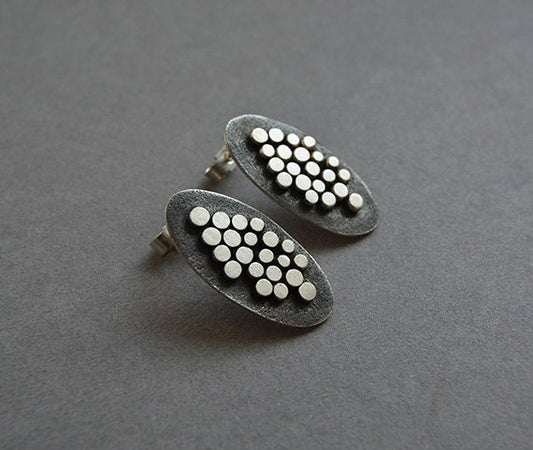 Artisan oxidised oval sterling silver stud earrings.