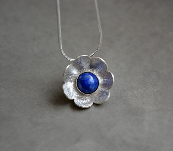 Artisan lapis lazuli flower sterling silver pendant necklace.