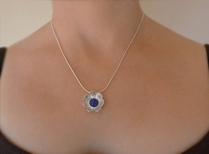 Artisan lapis lazuli flower sterling silver pendant necklace.