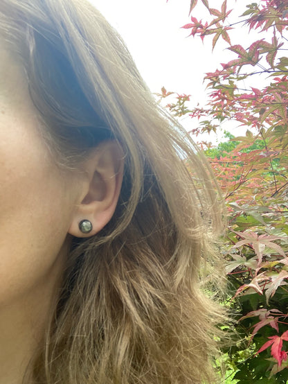 Oxidised sterling silver pebble stud earrings.