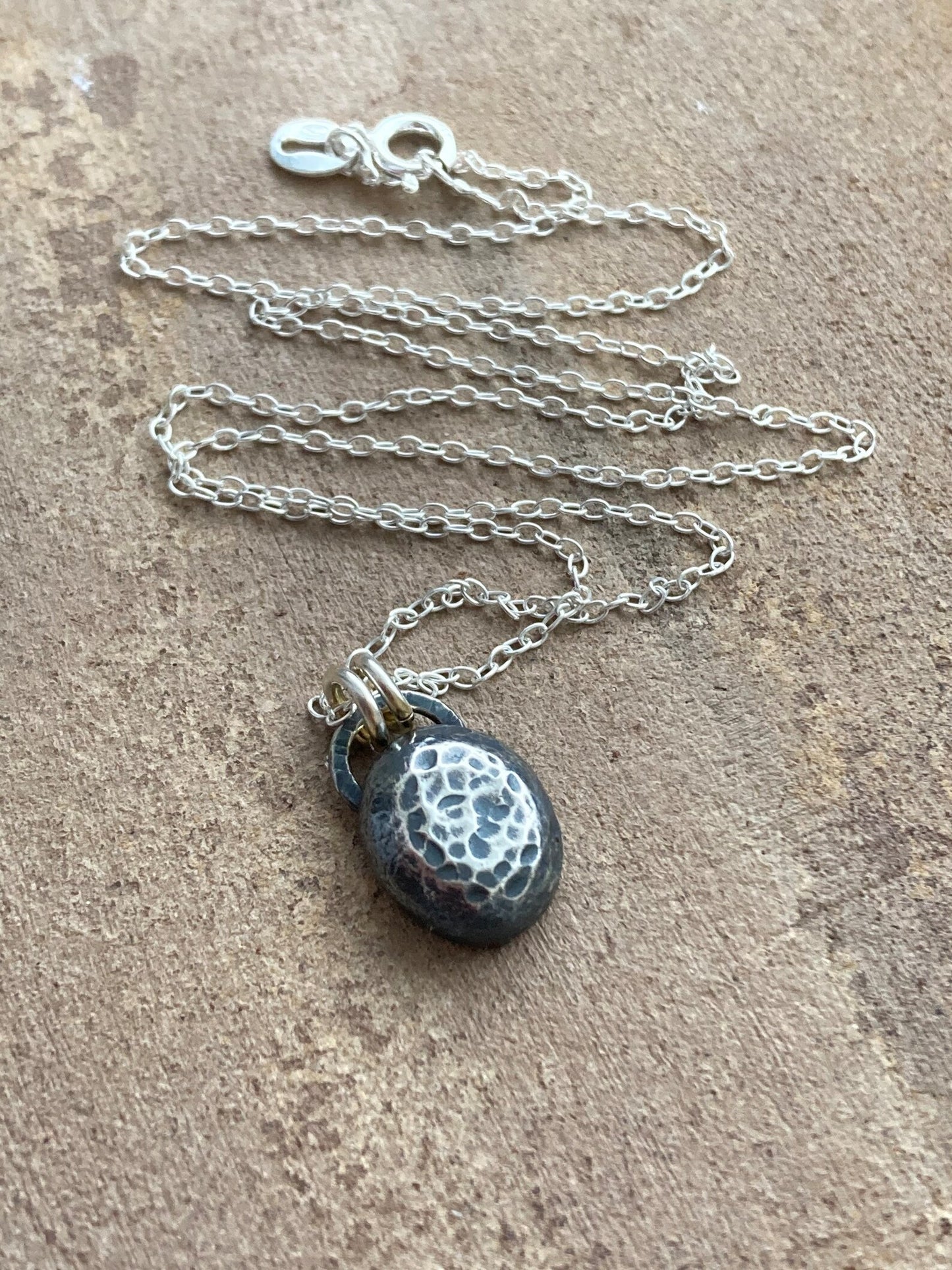 Oxidised sterling silver pebble necklace