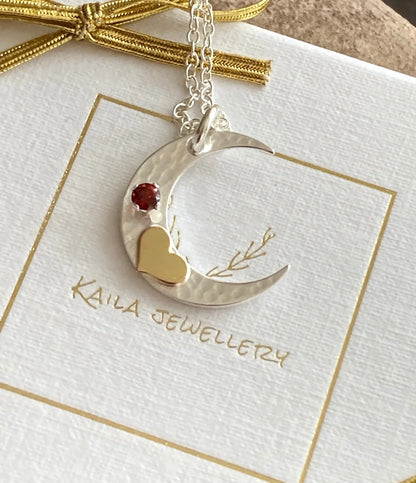 Sterling silver crescent moon, gold filled heart, garnet necklace.