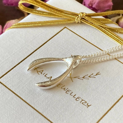 sterling silver textured wishbone necklace